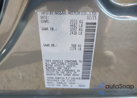 2025 Nissan Altima Sv Awd z USA, uszkodzony, nr VIN 1N4BL4DW5SN373648